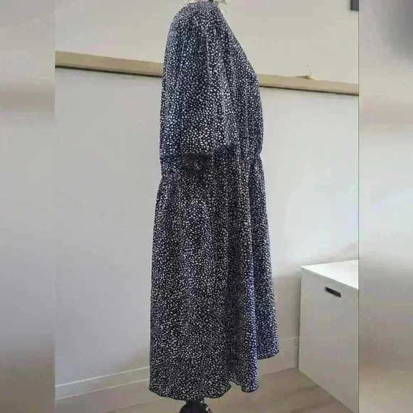 NEMIDOR | Women's Navy/White Dot Casual  V-Neck Faux Wrap Midi Dress - Picture 5 of 8